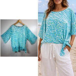 Bob Mackie Wearable Art Blouse Blue Green Layered Side Tie Women's Medium Beachy